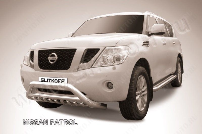 Кенгурятник d76 низкий широкий с ЗК и перемычкой Nissan Patrol (2010-2014) , Slitkoff, арт. NIPAT006