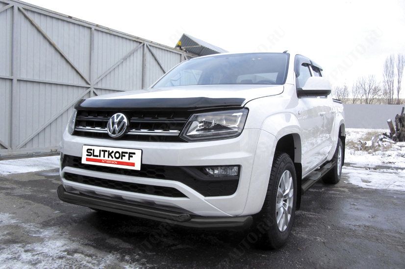 Защита переднего бампера d76+d57 двойная черная Volkswagen Amarok (2016-2023) , Slitkoff, арт. VWAM16-002B