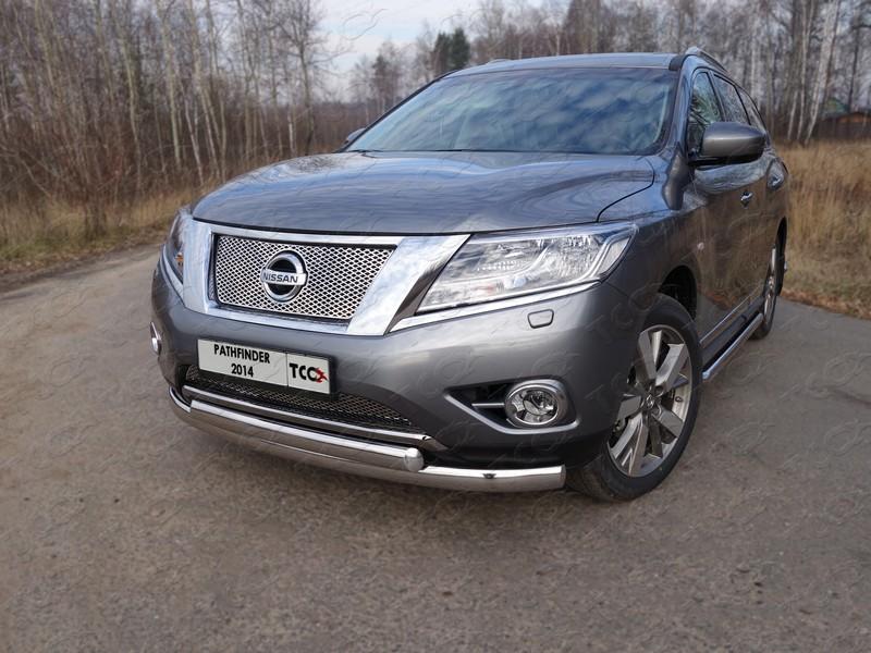 Защита передняя нижняя (овальная двойная) 75/75 мм для автомобиля Nissan Pathfinder 2014-, TCC Тюнинг NISPAT14-03