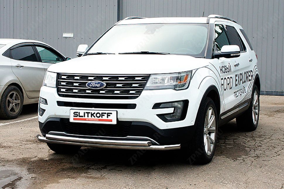 Защита переднего бампера d57+d57 двойная Ford Explorer (2017-2019) Black Edition, Slitkoff, арт. FEX18003BE