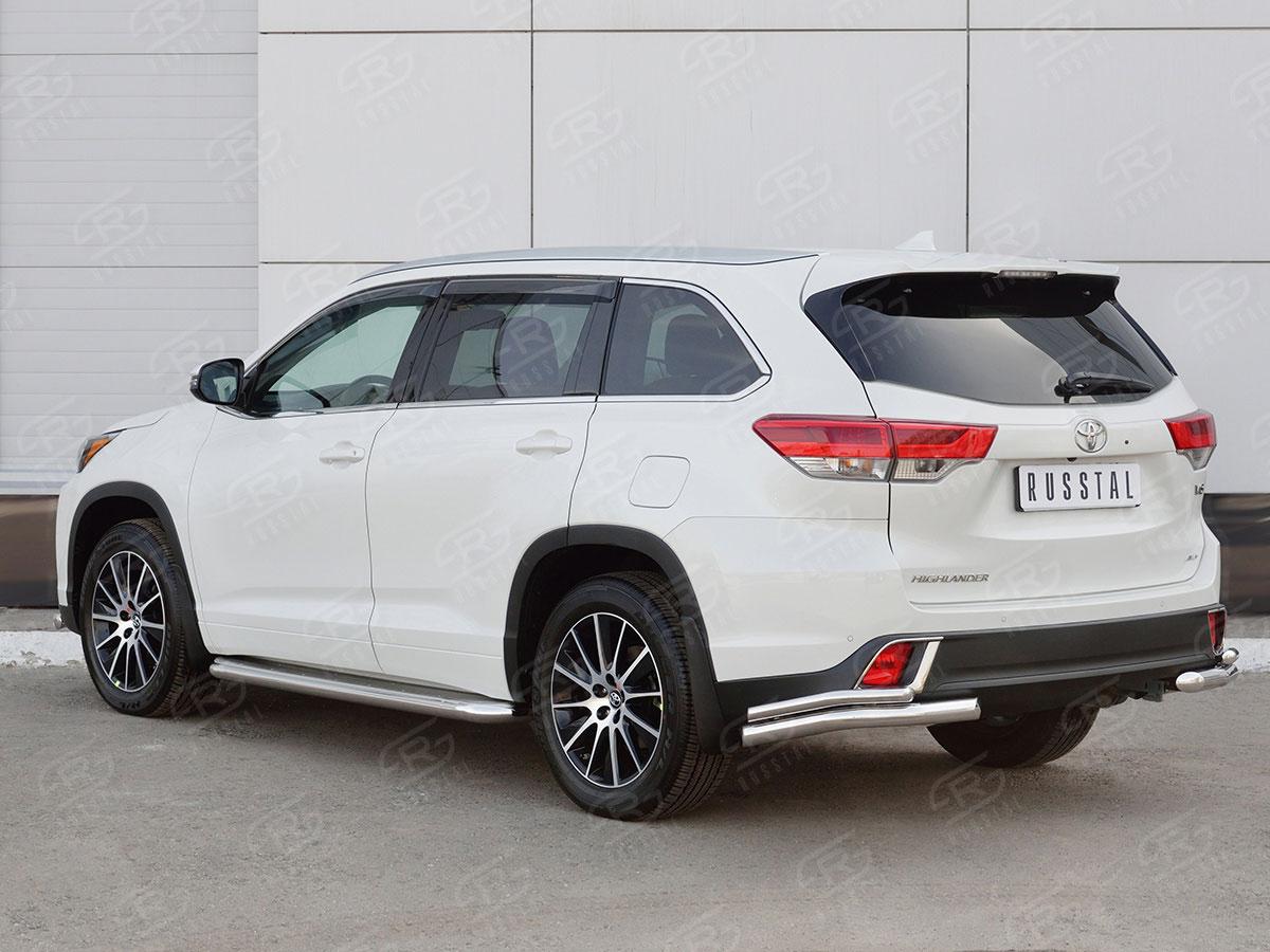 Защита заднего бампера уголки d63/42 на Toyota Highlander 2016, Руссталь THRZ-002629