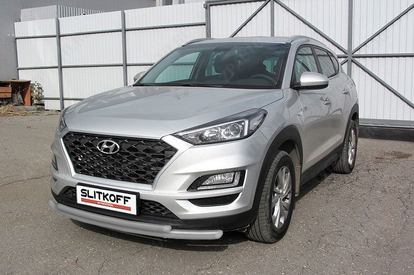 Защита переднего бампера d57+d42 двойная серебристая Hyundai Tucson (2018-2021) , Slitkoff, арт. HT18001S