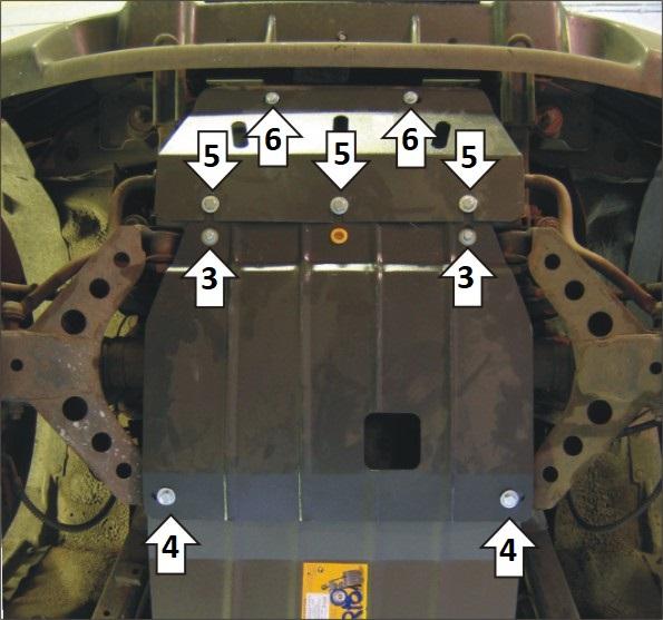 Защита стальная Мотодор (Двигатель, Передний дифференциал, Радиатор), 2 мм, Сталь для KIA Grand Sportage 1999-2005 арт. 01003