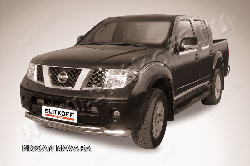 Защита переднего бампера d76+d57 двойная Nissan Navara (2004-2015) Black Edition, Slitkoff, арт. NIN006BE