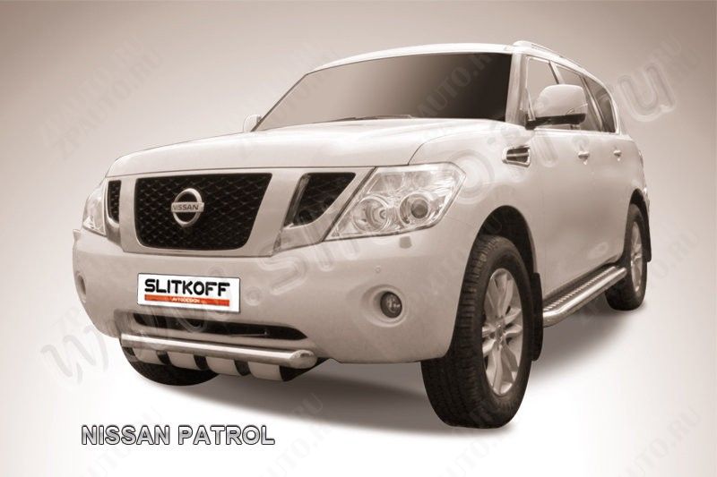 Защита переднего бампера d76 с профильной защитой картера Nissan Patrol (2010-2014) Black Edition, Slitkoff, арт. NIPAT002BE