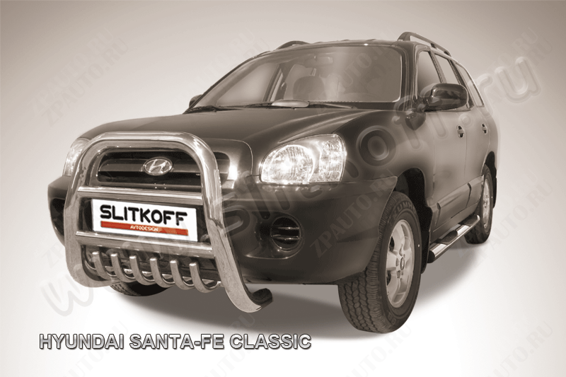 Кенгурятник высокий d76 с защитой картера Hyundai Santa-Fe Classic (2000-2012) Black Edition, Slitkoff, арт. HSFT001BE
