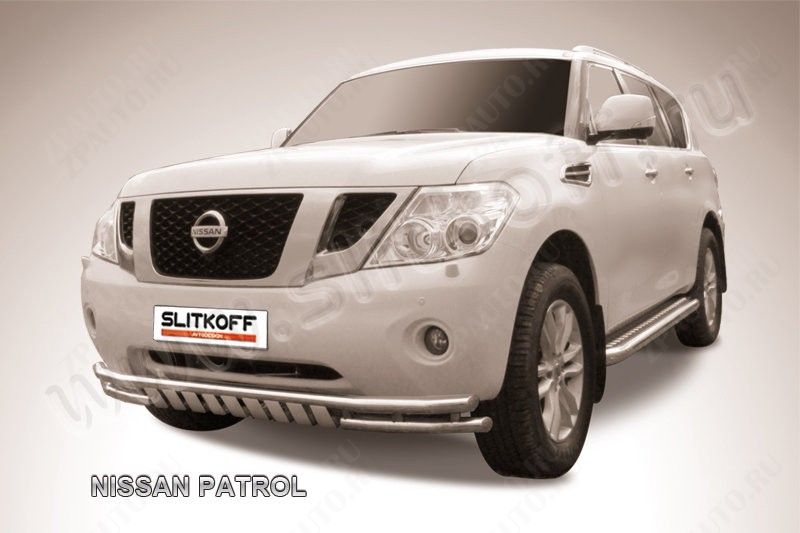 Защита переднего бампера d57+d57 двойная с ЗК Nissan Patrol (2010-2014) Black Edition, Slitkoff, арт. NIPAT003BE