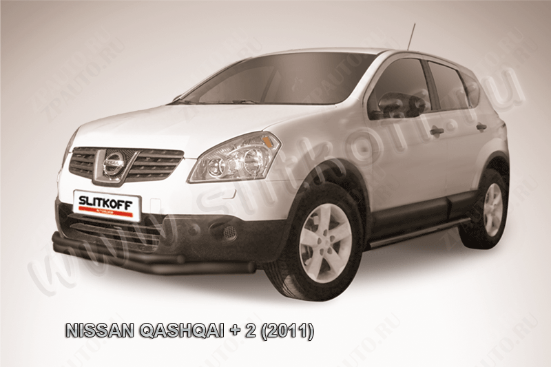 Защита переднего бампера d57+d42 двойная длинная черная Nissan Qashqai +2 (2010-2013) , Slitkoff, арт. NIQ211-001B