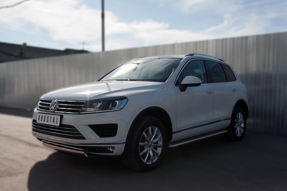 Защита переднего бампера d75х42 короткая для Volkswagen Touareg 2014, Руссталь VWTZ-002126