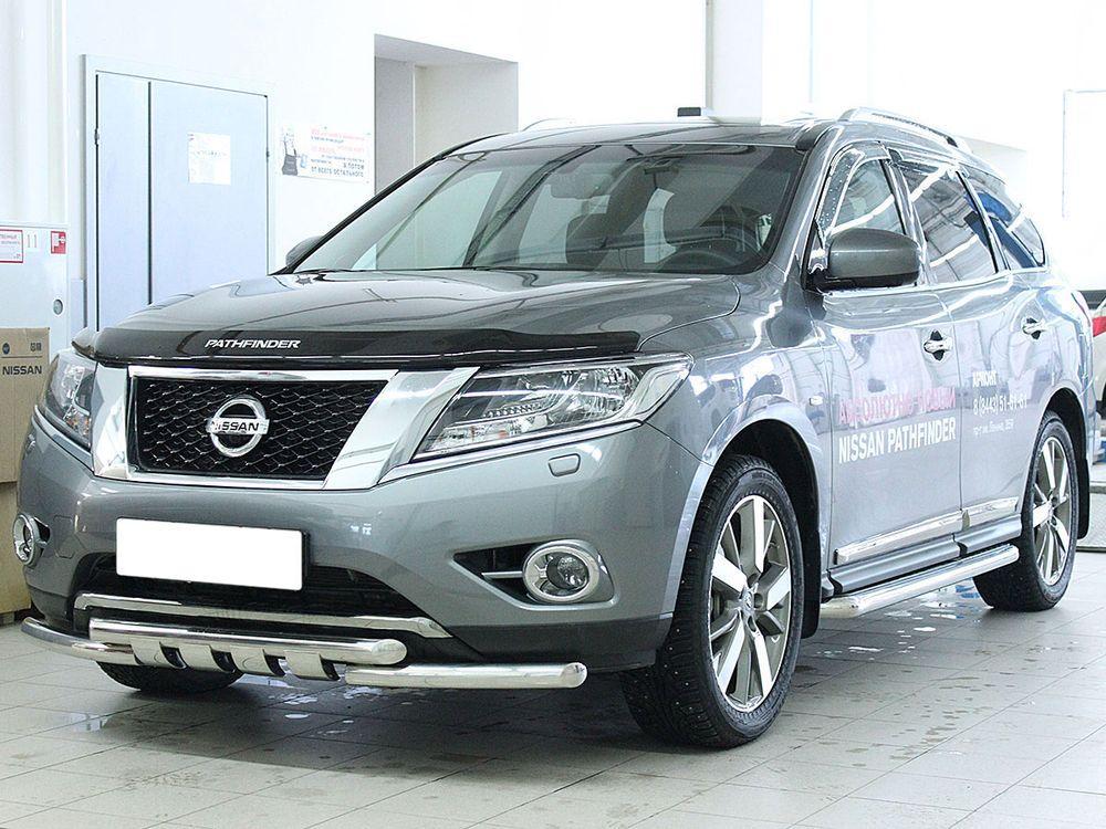 Защита переднего бампера d-60 с доп. накладками для Nissan Pathfinder 2014, Технотек NP14_1.2