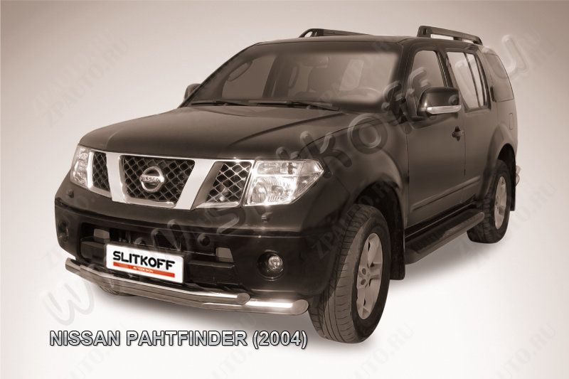 Защита переднего бампера d76+d57 двойная Nissan Pathfinder R51 (2004-2010) Black Edition, Slitkoff, арт. NIP006BE