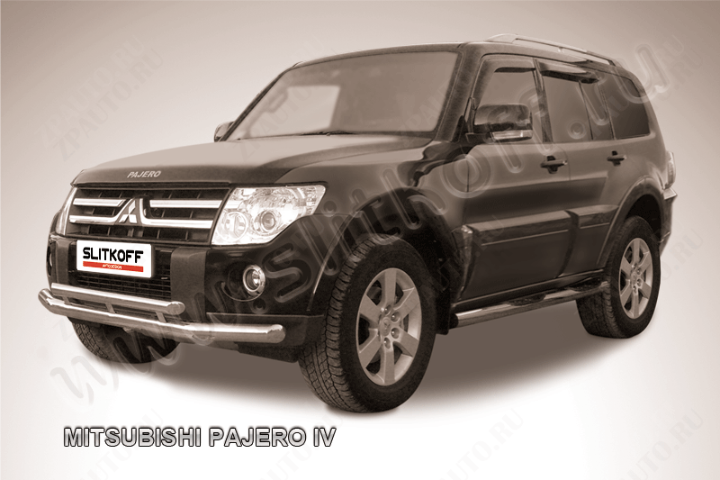 Защита переднего бампера d76+d57 двойная Mitsubishi Pajero IV (2006-2023) Black Edition, Slitkoff, арт. MPJ009BE