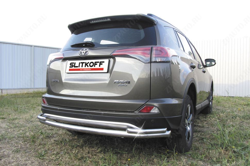 Защита заднего бампера d57+d42 двойная длинная Toyota Rav-4 (2015-2019) Black Edition, Slitkoff, арт. TR415-007BE