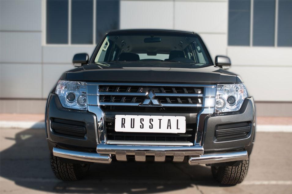 Защита переднего бампера d76/d76х2 с клыками для Mitsubishi Pajero 4 2014, Руссталь MPZ-002046