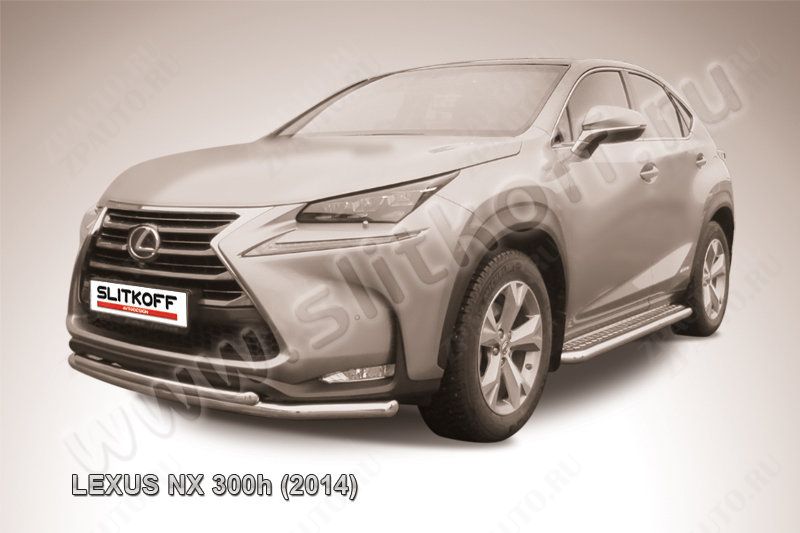 Защита переднего бампера d57+d42 двойная радиусная Lexus NX-300h (2014-2021) Black Edition, Slitkoff, арт. LNX004BE