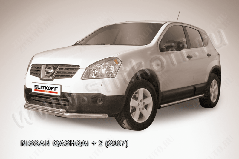 Защита переднего бампера d57+d42 двойная короткая Nissan Qashqai +2 (2008-2010) Black Edition, Slitkoff, арт. NIQ2007BE