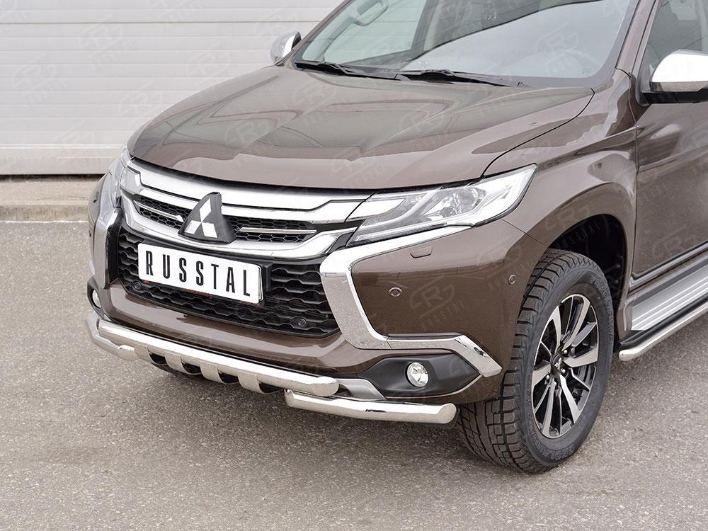 Защита переднего бампера d63/63 уголки с клыками для Mitsubishi Pajero Sport 2016, Руссталь MPJSZ-002486