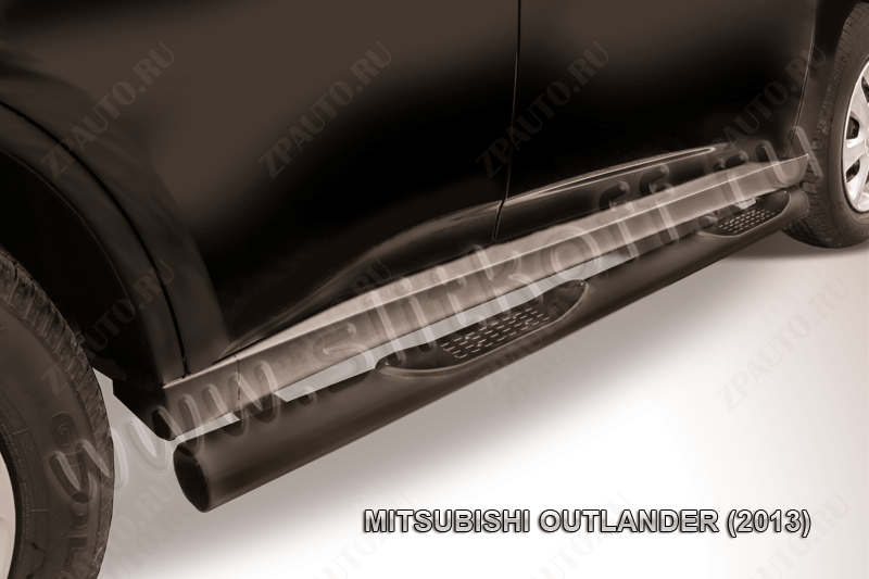 Защита порогов d76 с проступями черная Mitsubishi Outlander (2012-2015) , Slitkoff, арт. MOUT13-005B