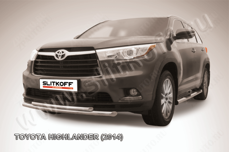 Защита переднего бампера d57+d42 двойная радиусная Toyota Highlander (2014-2016) Black Edition, Slitkoff, арт. THI14-004BE