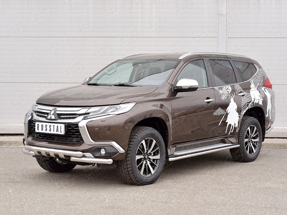 Защита переднего бампера d63/63 уголки с клыками для Mitsubishi Pajero Sport 2016, Руссталь MPJSZ-002486